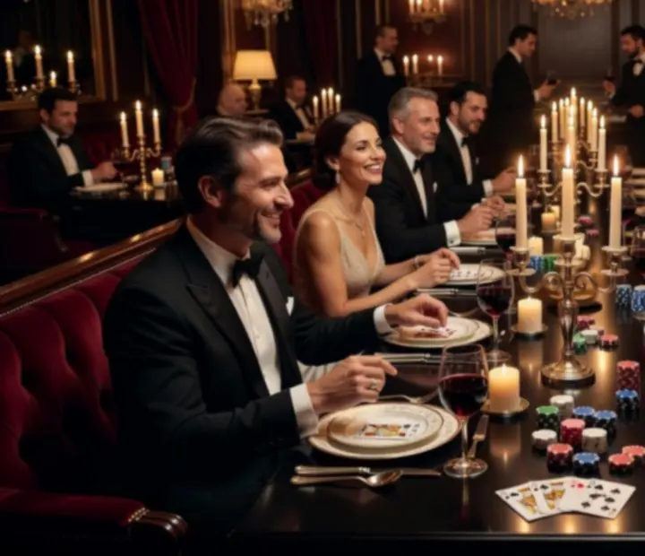 Cinematiczna kolacja w eleganckiej restauracji z pokerowym motywem i gośćmi przy stole