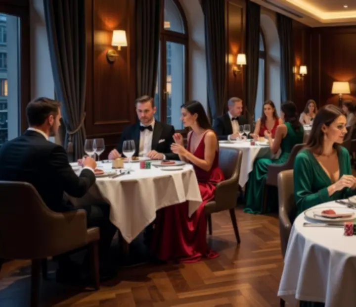 Cinematiczne ujęcie eleganckiej restauracji z nakrytym stołem i nastrojowym oświetleniem
