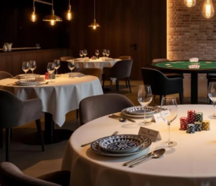 Eleganckie wnętrze restauracji z nakrytym stołem i nastrojowym oświetleniem