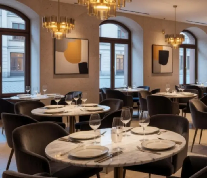 Ekskluzywne wnętrze restauracji z nastrojowym oświetleniem i eleganckim nakryciem stołów