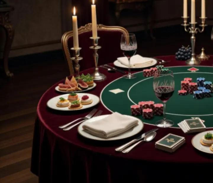 Elegancki stół pokerowy z symbolicznymi żetonami, otoczony nakrytymi stołami w restauracji