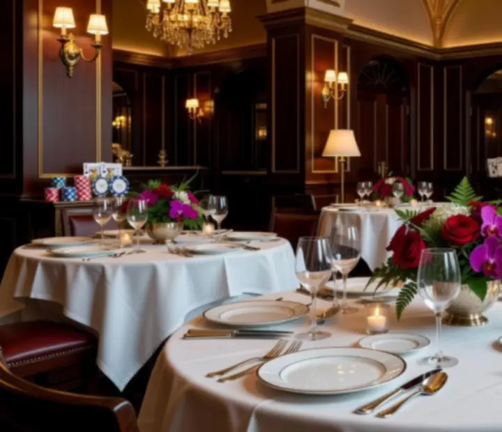 Luksusowa restauracja z elegancko nakrytymi stołami i nastrojowym oświetleniem