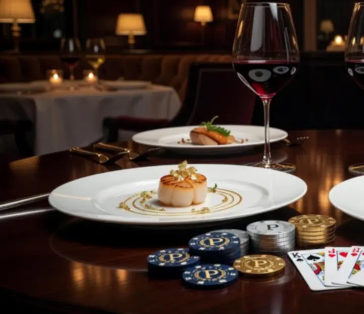 Wykwintne menu degustacyjne podawane przy eleganckim stole pokerowym