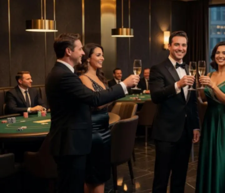 Goście przy eleganckim stole podczas wieczoru pokerowego w restauracji