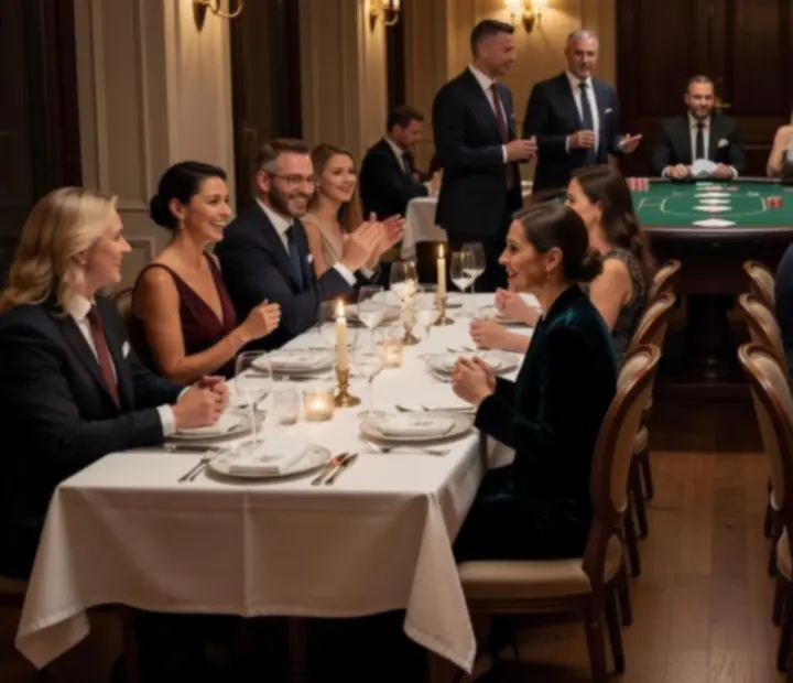 Cinematiczna restauracja z eleganckim oświetleniem, przygotowana na wieczór pokerowy przy kolacji