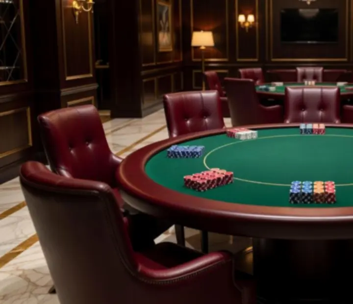 Stylowo zaaranżowany stół pokerowy z symbolicznymi żetonami w eleganckim wnętrzu