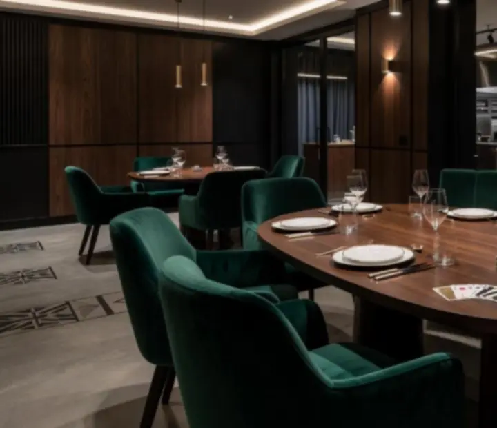Prywatna sala restauracyjna z luksusowym nakryciem stołu i nastrojowym oświetleniem