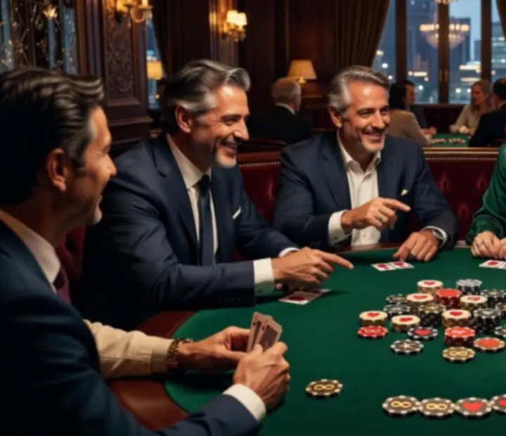 Elegancka restauracja z gośćmi rozmawiającymi przy stolikach pokerowych z symbolicznymi żetonami