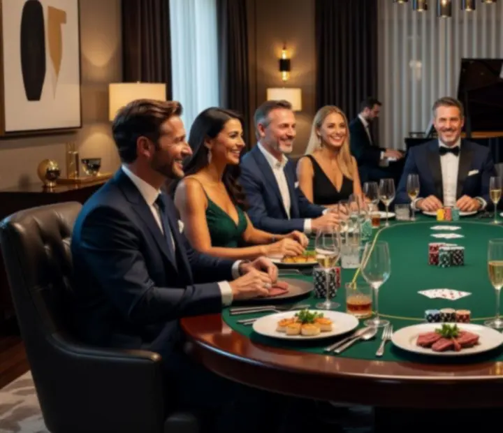 Goście VIP przy eleganckim stole kolacyjnym z muzyką na żywo i symbolicznymi żetonami